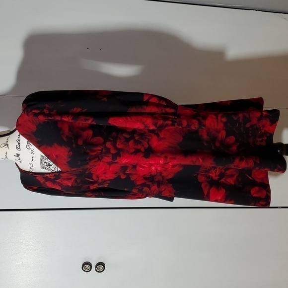Calvin Klein- Womens Black/RED Floral puffed sleeves Dress Sz.4 - Picture 2 of 7